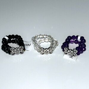 NWT Genuine Gemstone Set of 3 Beaded Rings With Sterling Silver Scroll Design